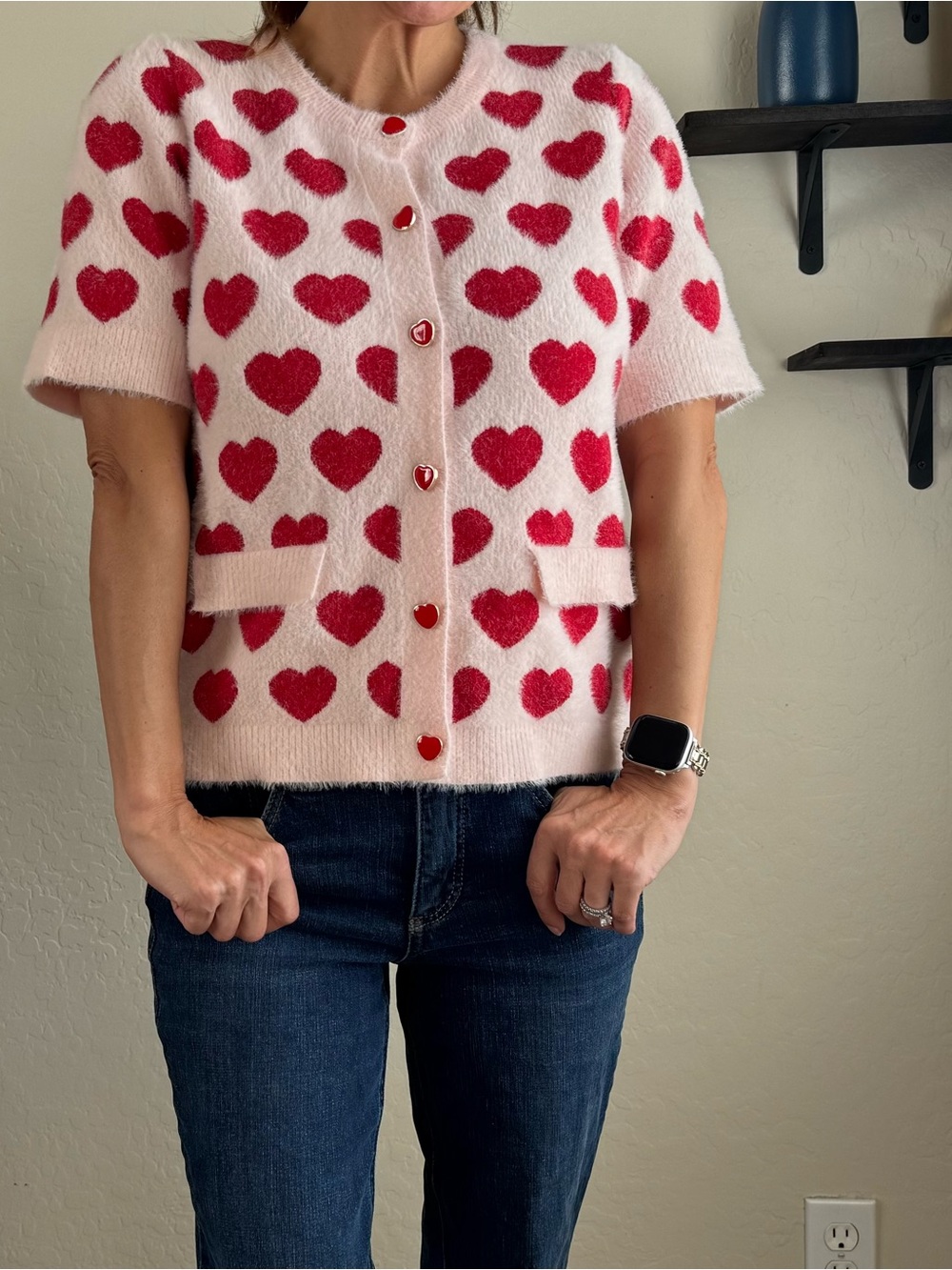 Belldini Pink Short-Sleeve Cardigan with Red Heart Motif